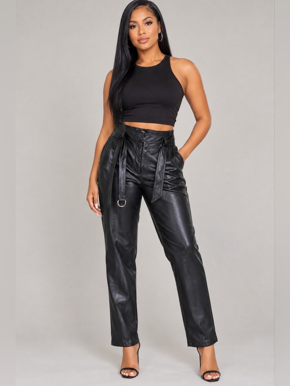 NWT Loft Faux leather Pants Belted Straight Leg Black Size 8
